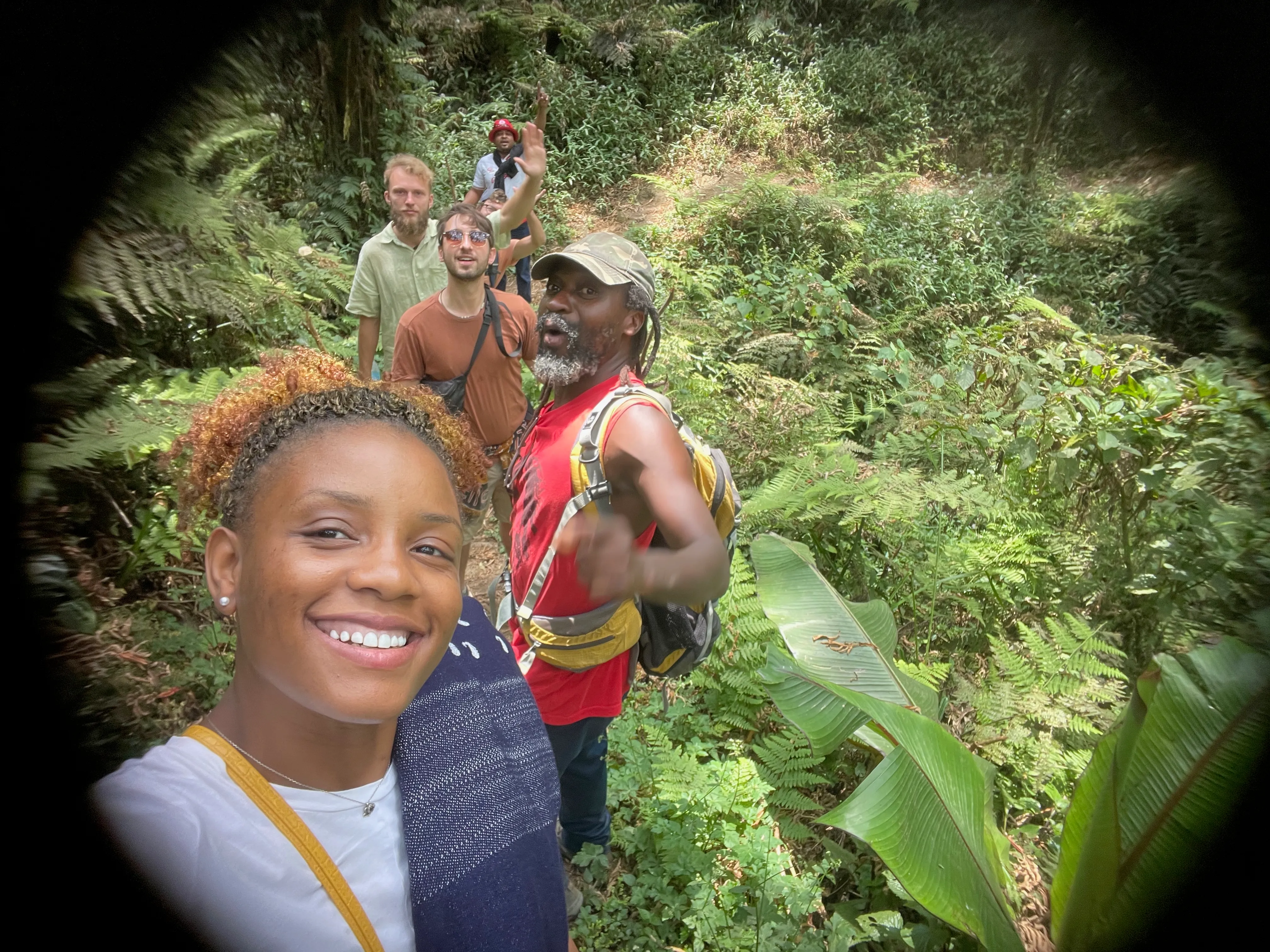 Hikers moving through the forest toward Lake Ngozi