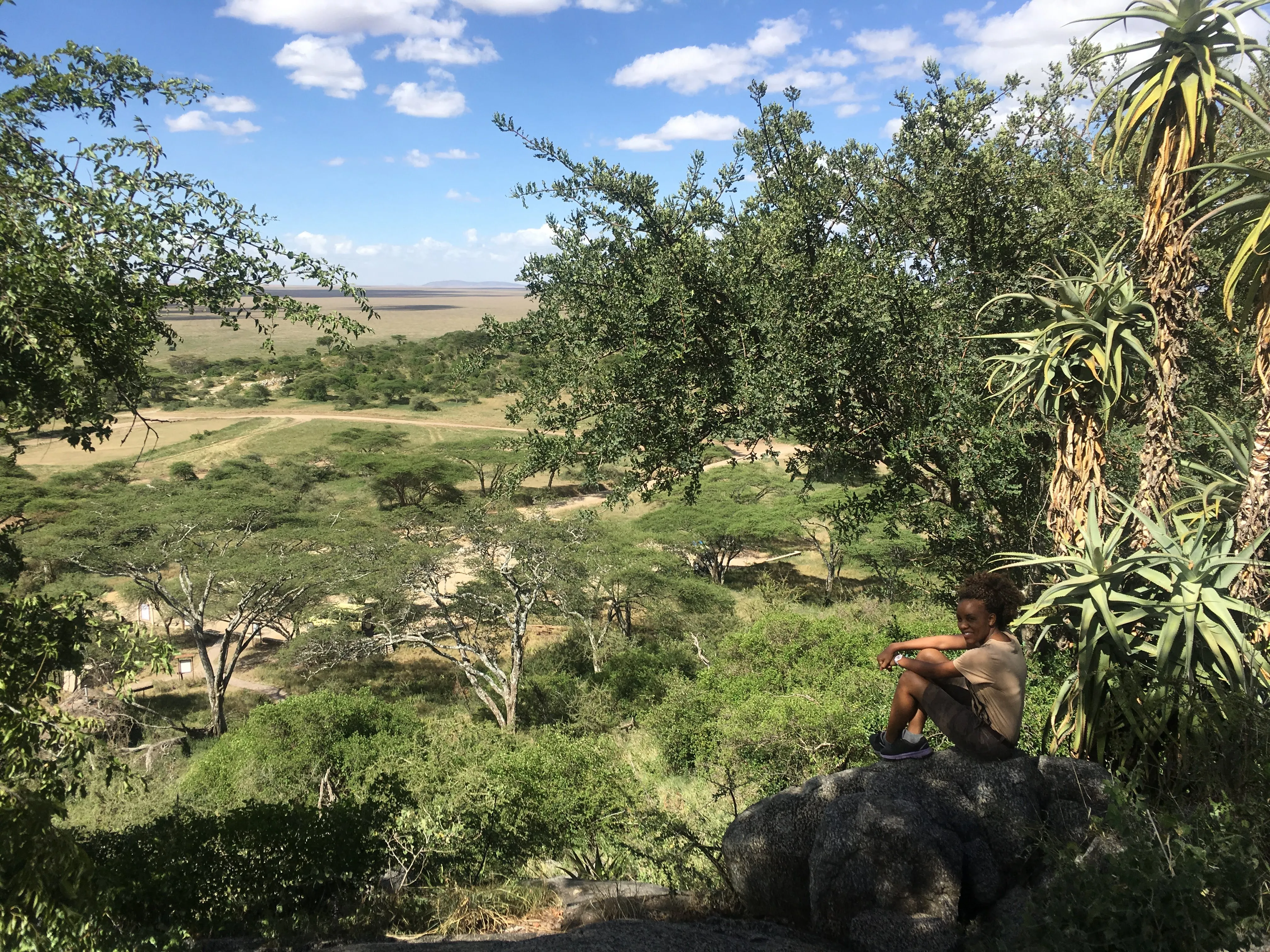 Vio overlooking the landscape from the Ngorongoro viewpoint